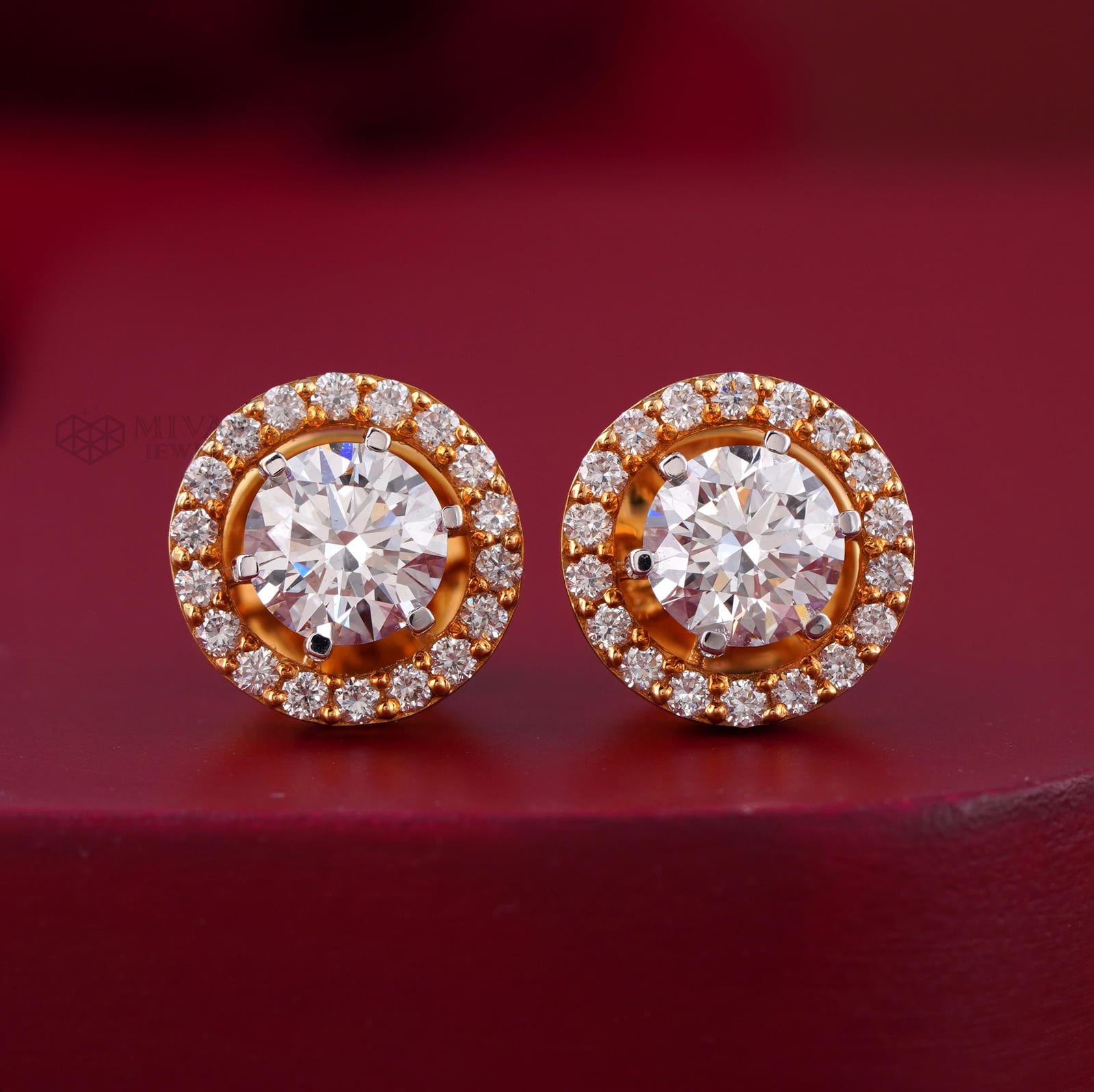 14K Gold Round Halo Lab Grown Diamond Stud Earrings