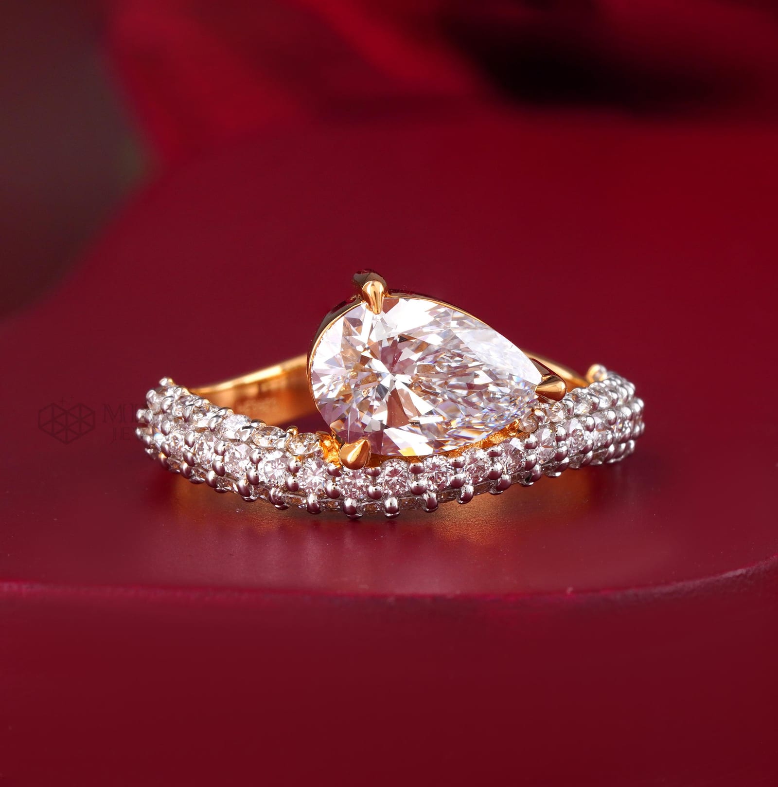 18K Yellow Gold Pear Lab Diamond Ring – Double Pave Band