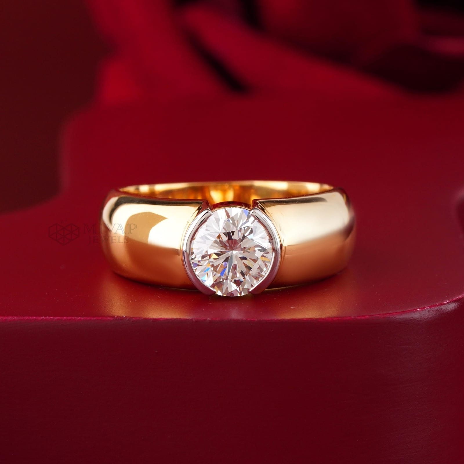 14k Yellow Gold Bezel Set Lab Grown Diamond Men's Ring
