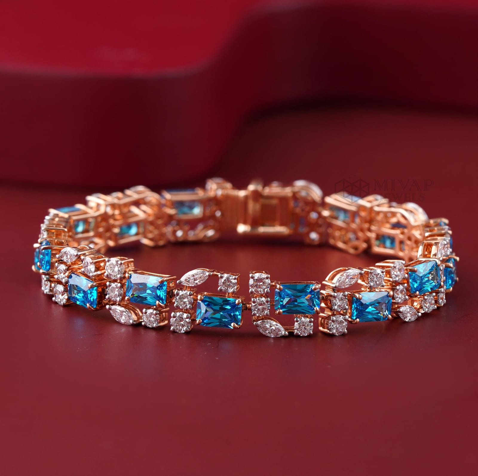 14KT Rose Gold Blue CZ & Lab Diamond Tennis Bracelet