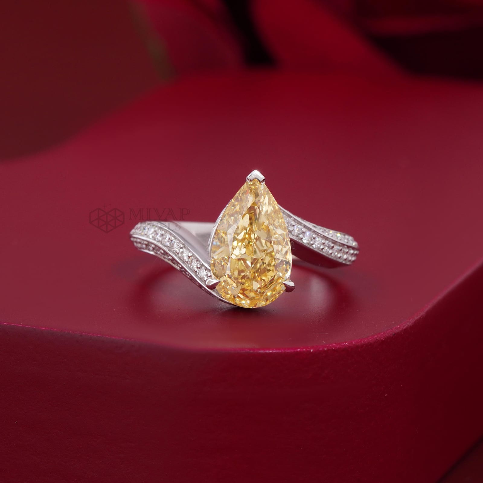 Vivid Yellow Pear Cut Lab Diamond Engagement Ring – White Gold Pave Band
