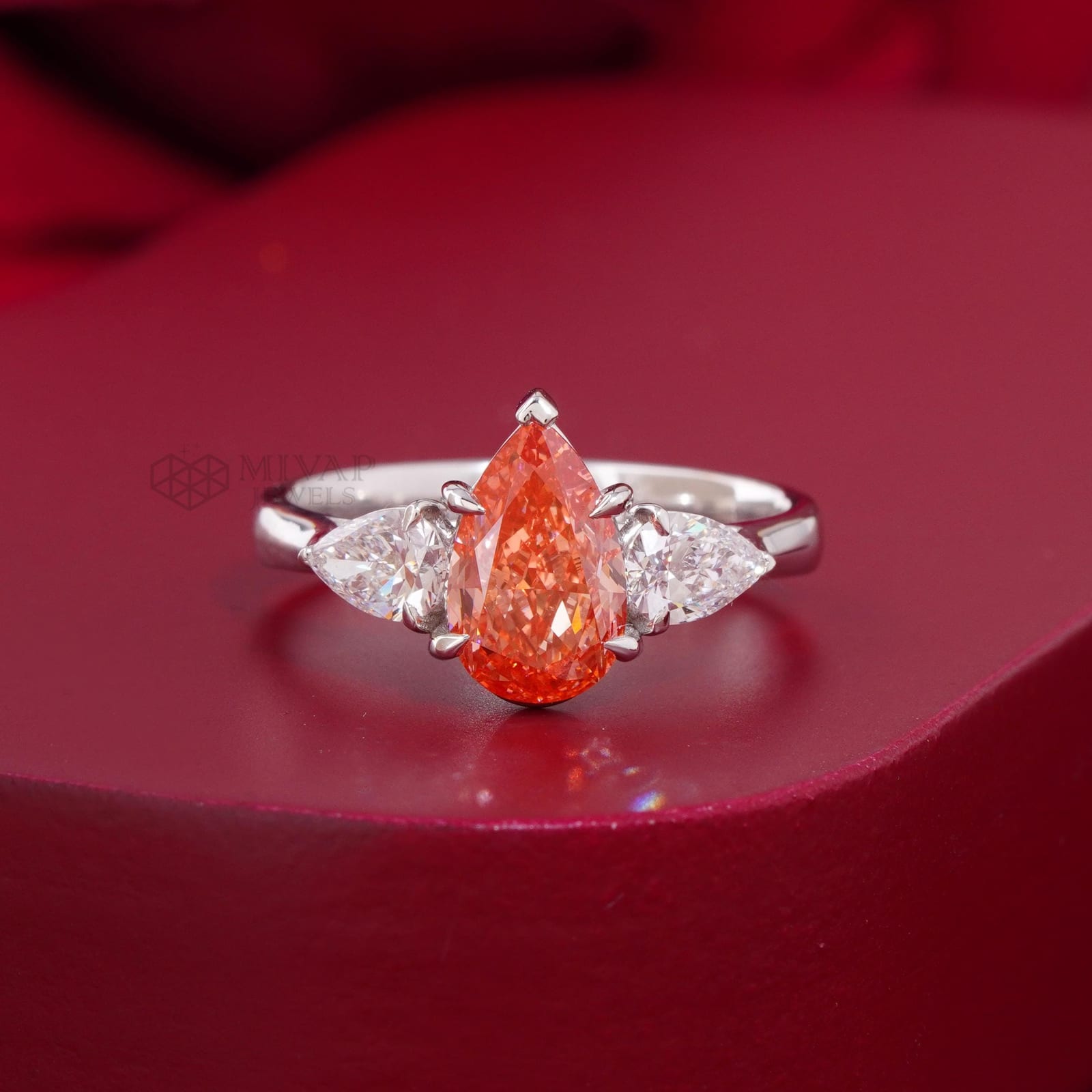 Pear Cut Vivid Pink Lab Grown Diamond Ring – 14kt White Gold Three Stone