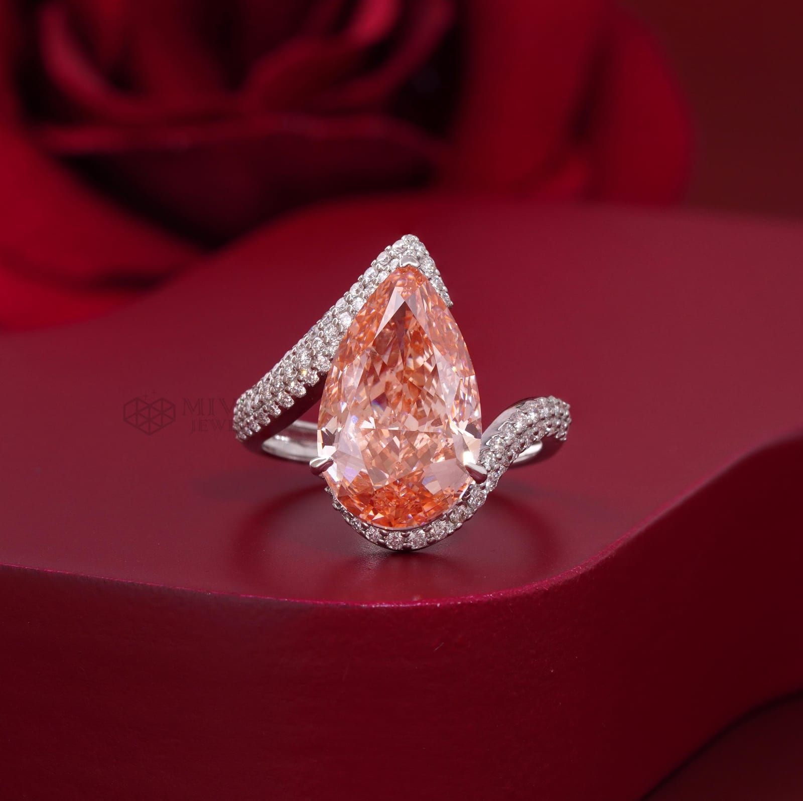 7.27 CT Pear Vivid Pink Lab Diamond Ring – 14kt White Gold Halo Engagement Ring