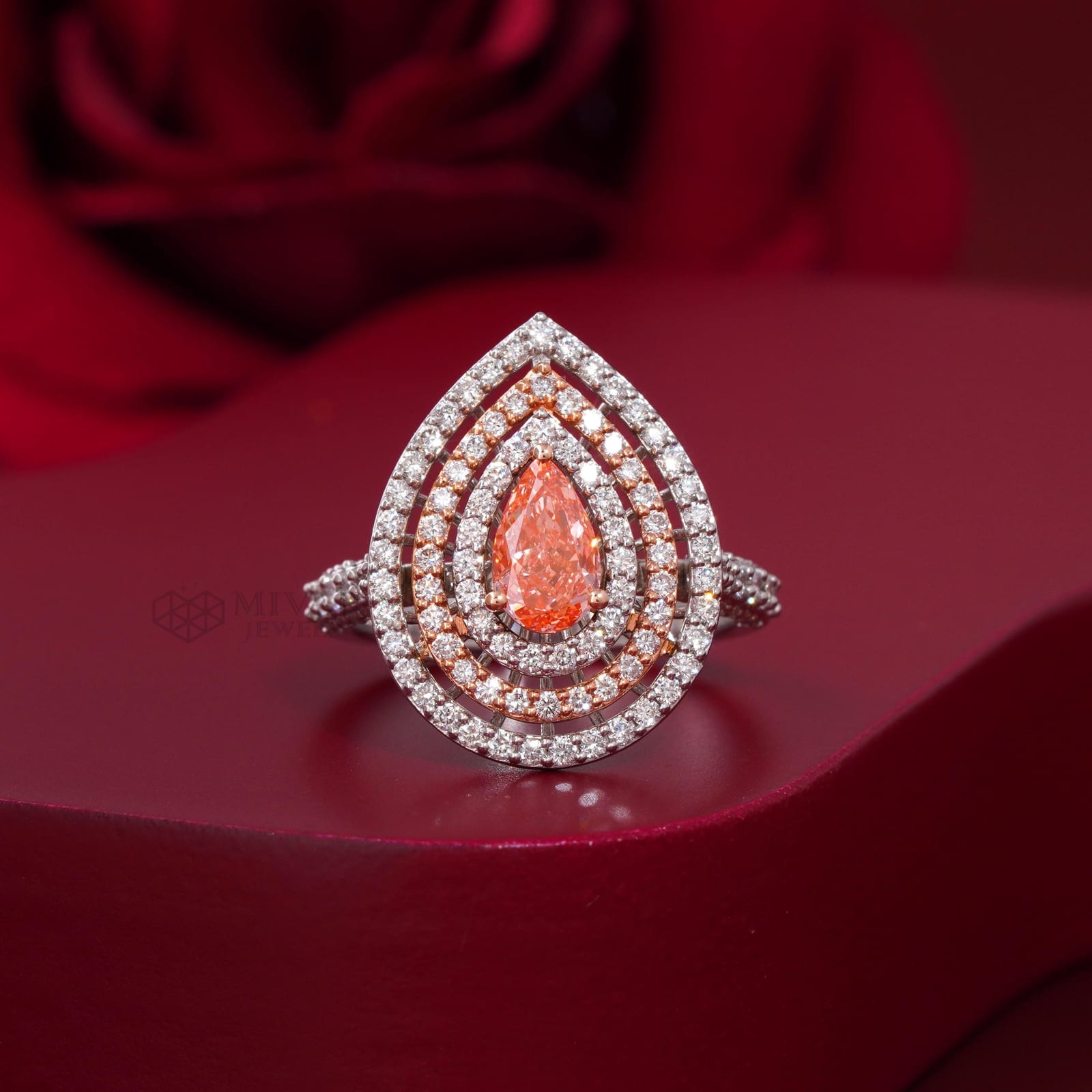 Pear Cut Pink Lab Grown Diamond Ring – Triple Halo