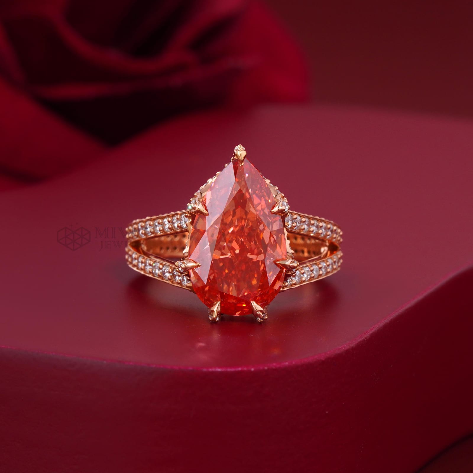 Vivid Red Pear Cut Lab Grown Diamond Ring – 14KT Rose Gold Pave Engagement