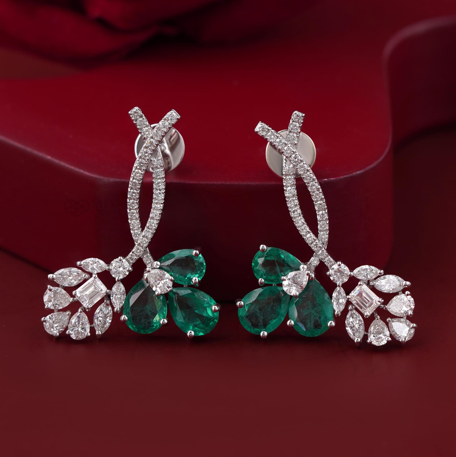 14K Gold Emerald & Lab Diamond Drop Earrings