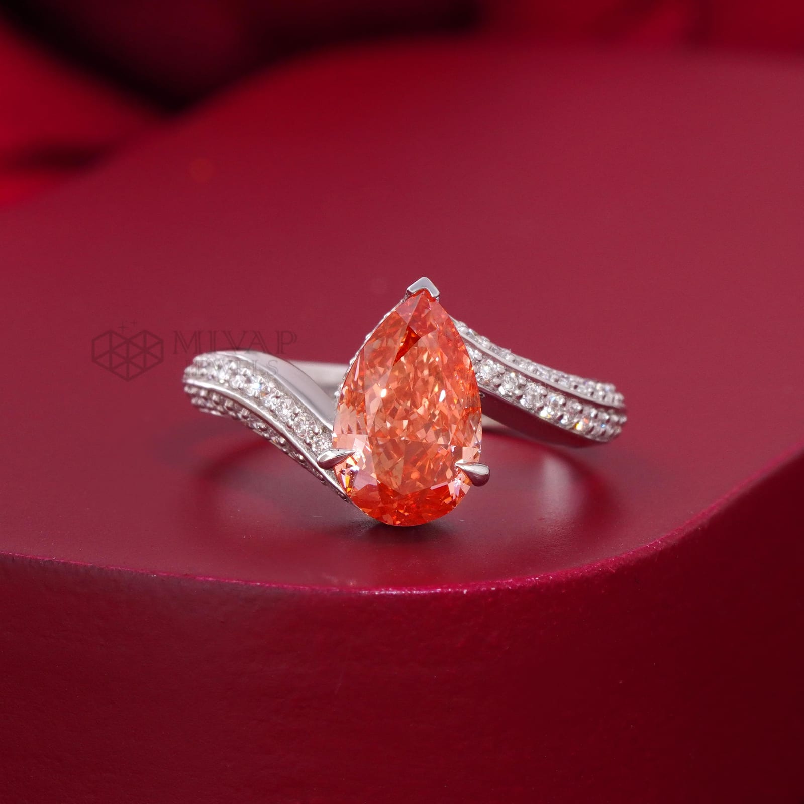 Vivid Red Pear Lab Grown Diamond Engagement Ring - 14k White Gold Pave Band