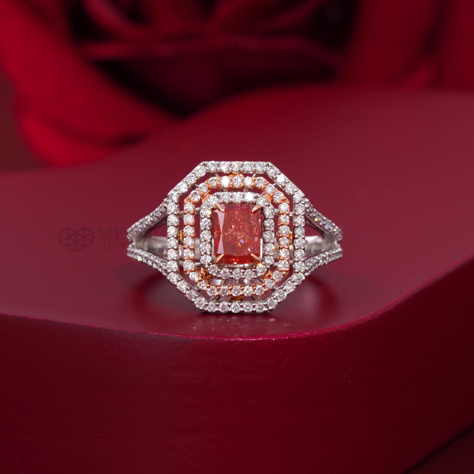 Red Radiant Cut Lab Grown Diamond Ring – Octagon Halo