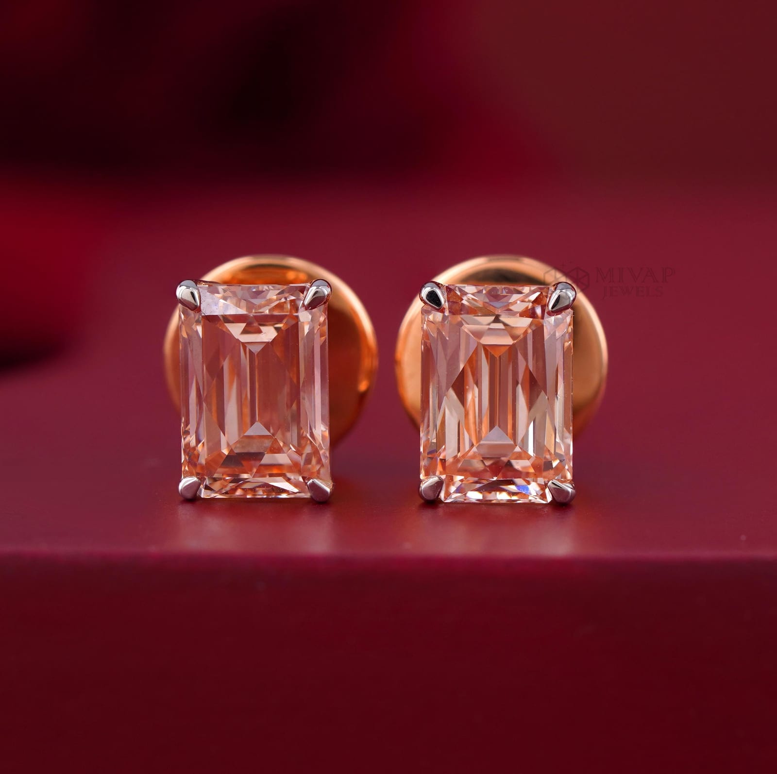 Light Pink Emerald Cut Lab Grown Diamond Stud Earrings