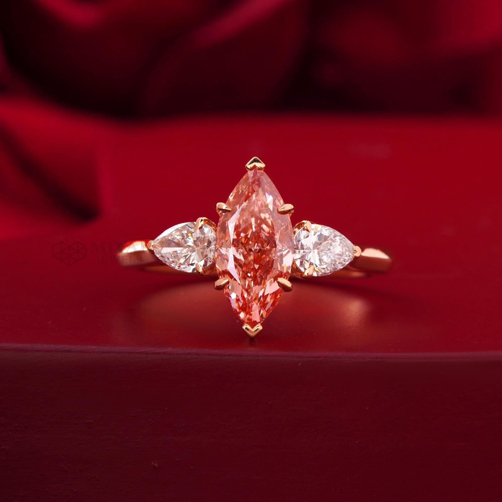 Fancy Vivid Reddish Marquise Lab Grown Diamond Ring – Pear Side Stones
