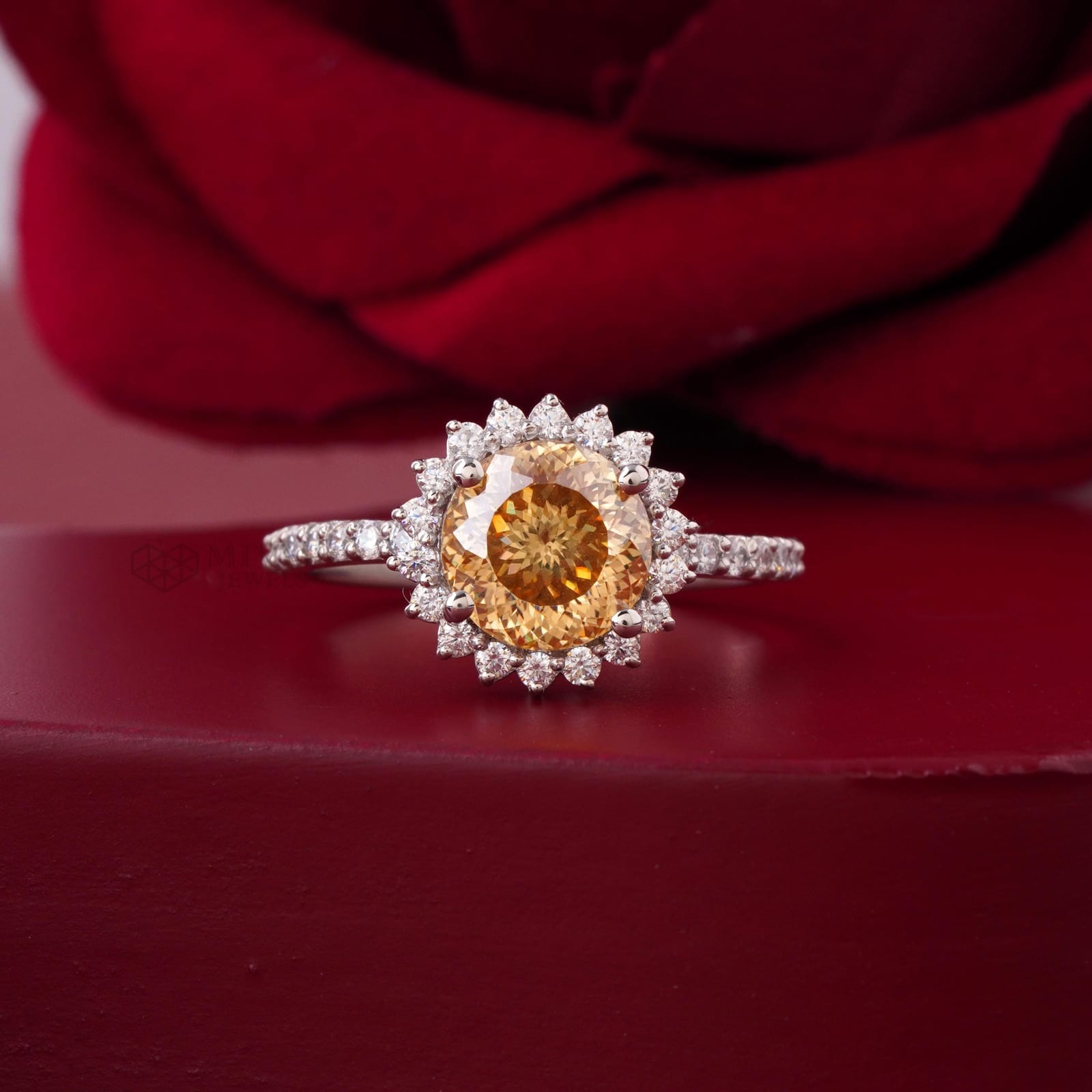 Vivid Yellow Portuguese Cut Lab Diamond Halo Ring – 14k White Gold